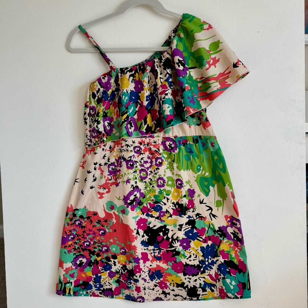 Indulge Floral One-Shoulder Dress With Layered Ruffles Size M